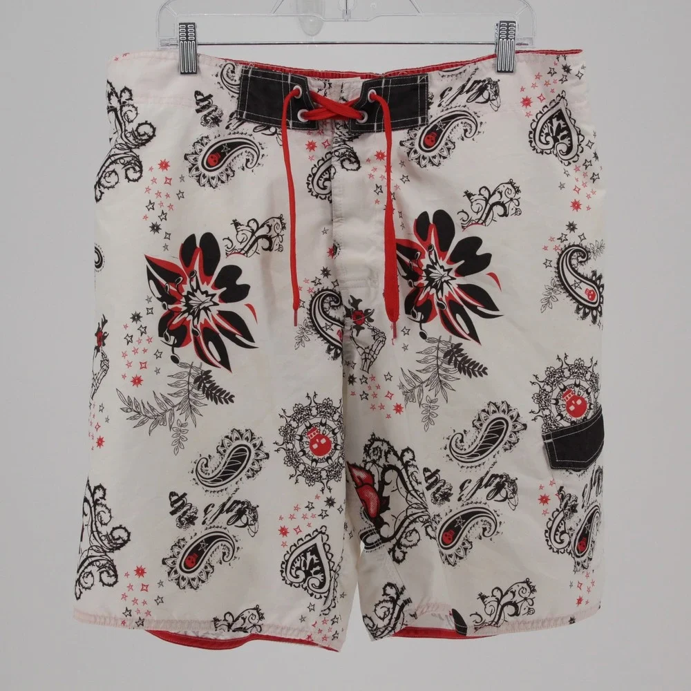 Joe Boxer Men's White Paisley‎ Skull Floral Print Board Shorts Size Large